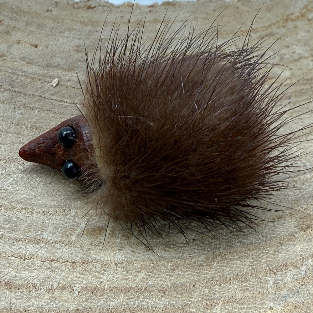 Vintage Carved Wood Real Fur Hedgehog Brooch Pin Brown Animal Jewelry